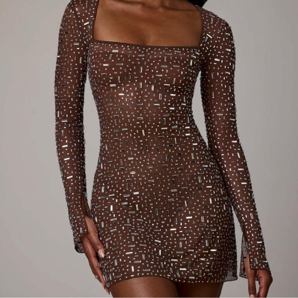 Oh Polly Zeta Sheer Embellished Long Sleeve A-Line Mini Dress in Deep Cocoa
